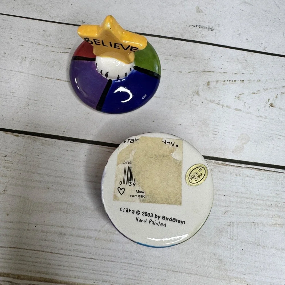 Colorful Ceramic Trinket Box Believe Star Lid Hand Painted Striped Heart Inside